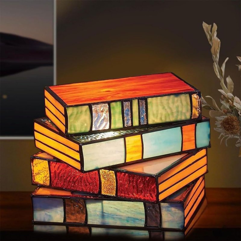 Stained Glass Stacked Books Lamps Handcrafted Glass Nightstand Desk Book Lamps Resin Handicraft Table Lamp 