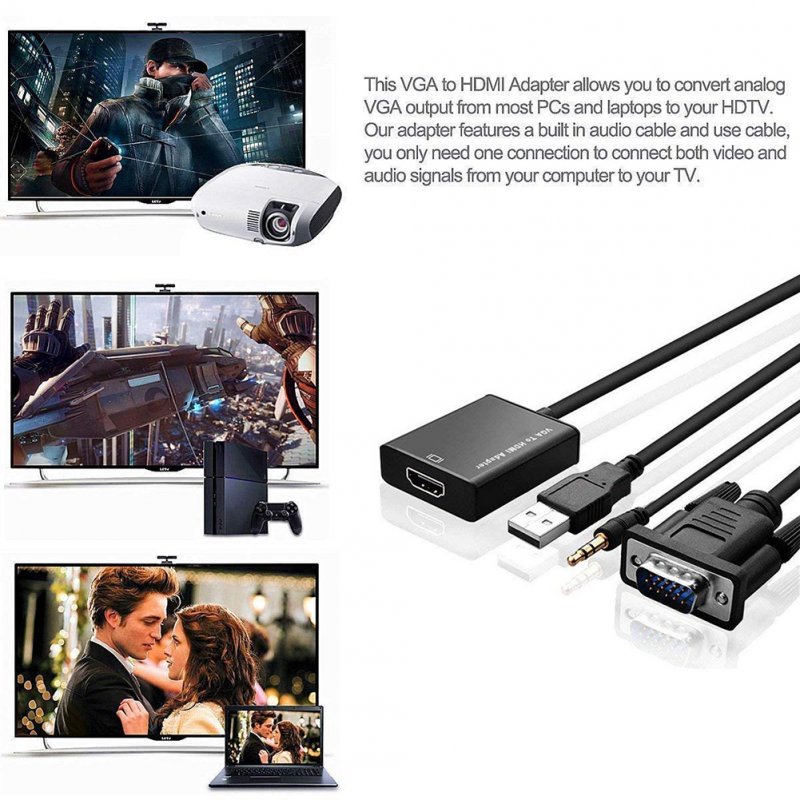 VGA to HDMI Adapter 1080P HD Audio TV AV HDTV Video Cable with Audio  