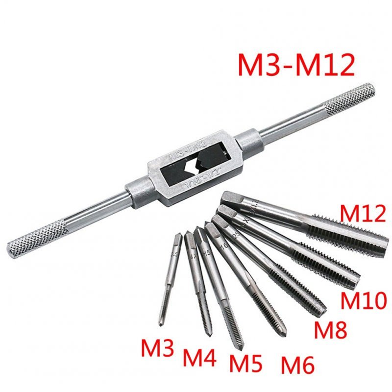 8pcs M3-m12 Tap  Wrench Drill Bit Set Manual Tapping Tool Metric Thread Tap Twist Drill Bit Wrench Set 8-piece set of M3-M12 tap wrench + M3-M12 bearing steel wire taper