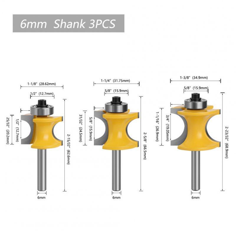 3pcs Half Round Bearing Woodworking Milling Cutter Carbide Tipped Edge Cutting Bits 