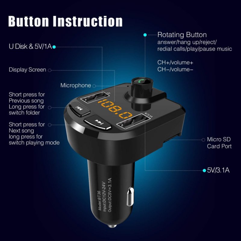 Bluetooth Mp3 Player Hands-free Car Kit Fm Transmitter Dual Usb Fast Charging Car Charger Power Adapter 