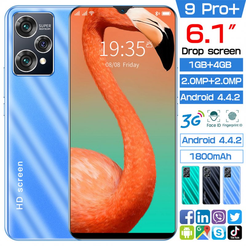 9 Pro+ 6.1-inch Full HD Screen Smartphone 1800mah Battery 2mp+2mp Camera Fm Radio Multi-functional Mobile Phones (1+4gb) blue_US Plug