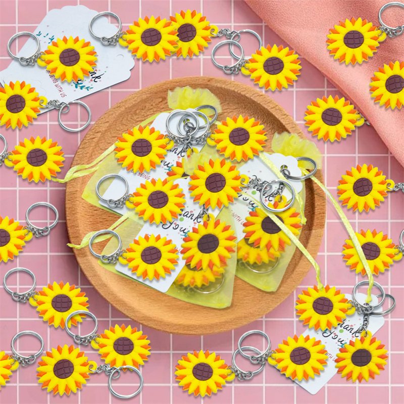 30pcs Sunflower Keychains Set With Organza Bags Thank You Tags Wedding Birthday Party Thanksgiving Gift For Baby Shower Decorations 