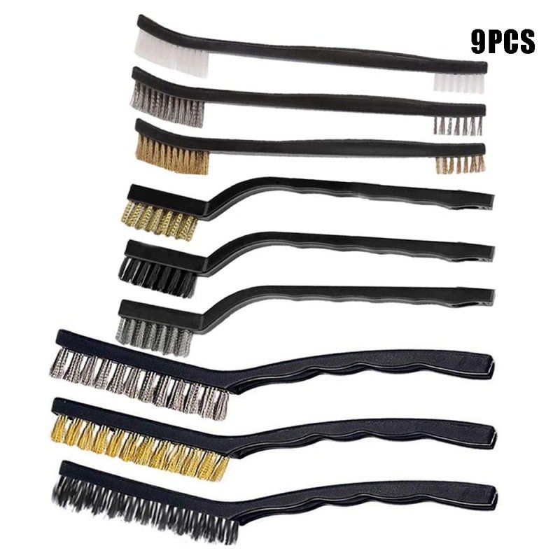 9Pcs Brushes Cleaning Set, Brass Wire/Nylon Wire/Stainless Steel Wire Bristle Brushes, Strong Handle Grip, For Cleaning Welding Slag, Rust And Dust Removal 9-piece set 0.210