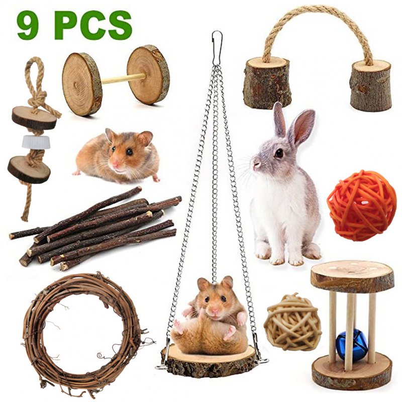 9Pcs/Set Wooden Swing Bite Resistant Toy for Pet Hamster Rabbit Parrot 9pcs