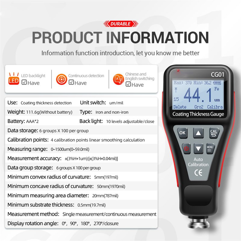 ANENG Cg01 Coating Thickness Gauge LCD Display High-precision Thickness Tester Car Painting Depth Gauge 