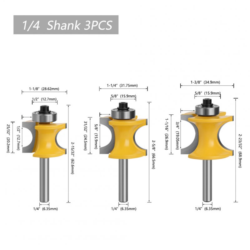 3pcs Half Round Bearing Woodworking Milling Cutter Carbide Tipped Edge Cutting Bits 