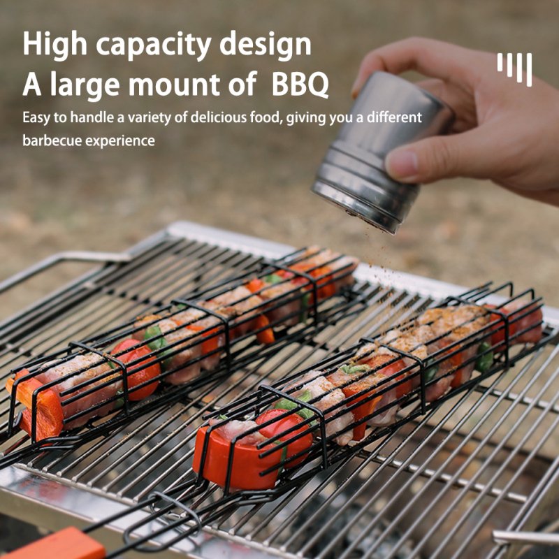 Portable Grill Mesh Grilling Basket Camping Bbq Barbecue Tools With Wooden Handle For Meat Hamburger 