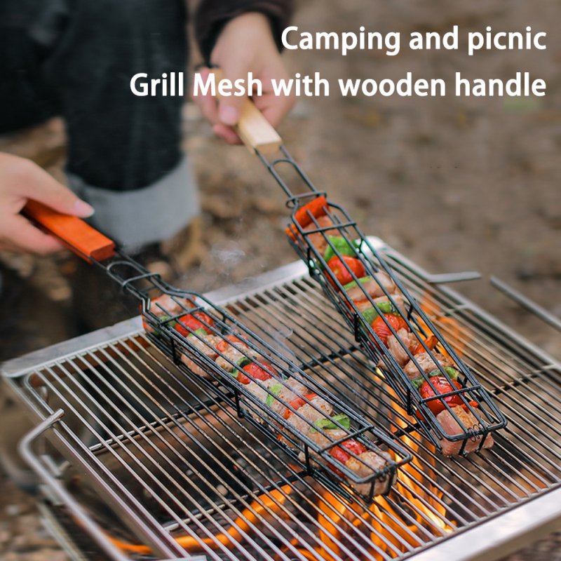 Portable Grill Mesh Grilling Basket Camping Bbq Barbecue Tools With Wooden Handle For Meat Hamburger 