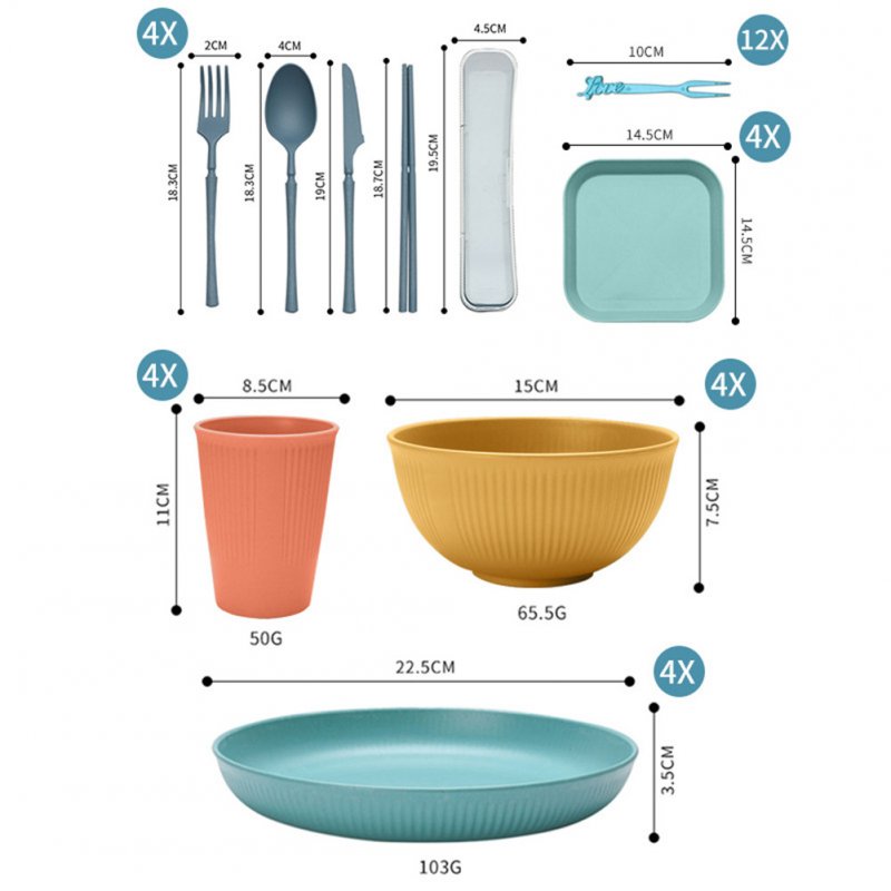 48pcs Wheat Straw Dinnerware Set Bowl Plate Dish fork Chopsticks Spoon Multi-color
