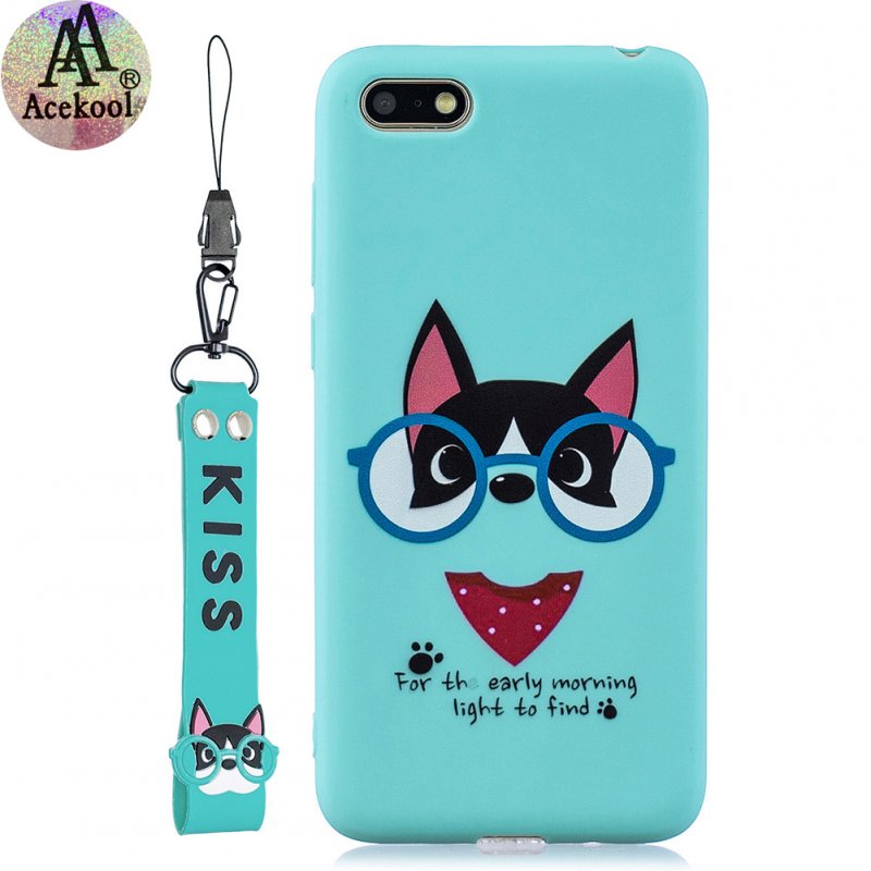 Acekool for HUAWEI Y5 2018 Cartoon Lovely Coloured Painted Soft TPU Back Cover Non-slip Shockproof Full Protective Case with Lanyard Light blue