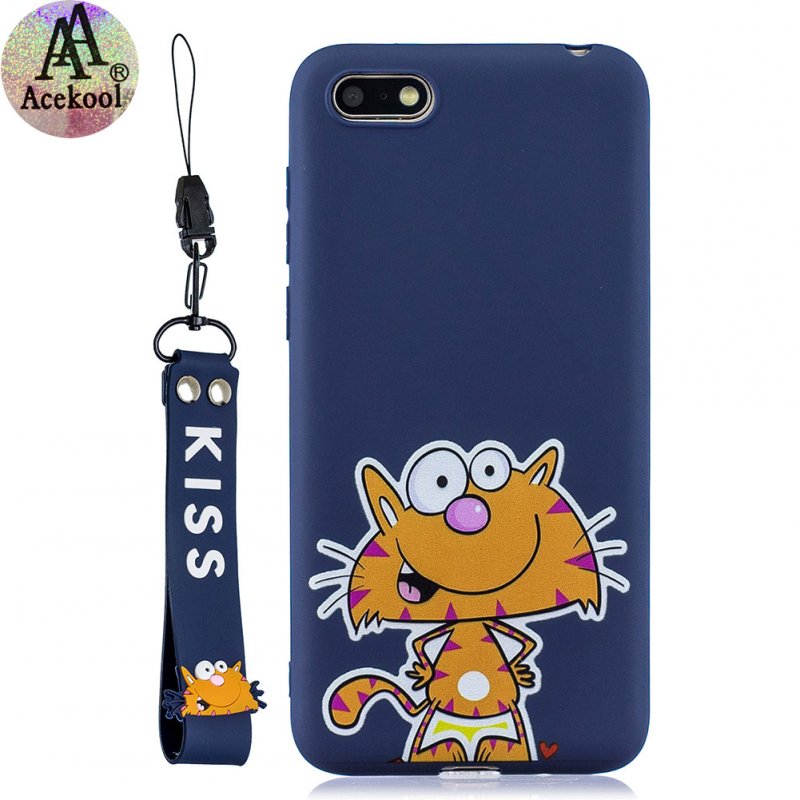 Acekool for HUAWEI Y5 2018 Cartoon Lovely Coloured Painted Soft TPU Back Cover Non-slip Shockproof Full Protective Case with Lanyard sapphire