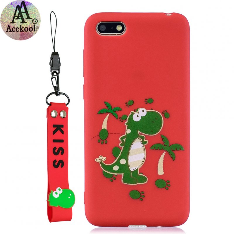 Acekool for HUAWEI Y5 2018 Cartoon Lovely Coloured Painted Soft TPU Back Cover Non-slip Shockproof Full Protective Case with Lanyard red