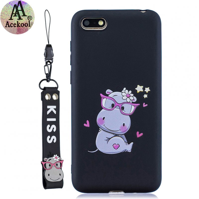 Acekool for HUAWEI Y5 2018 Cartoon Lovely Coloured Painted Soft TPU Back Cover Non-slip Shockproof Full Protective Case with Lanyard black