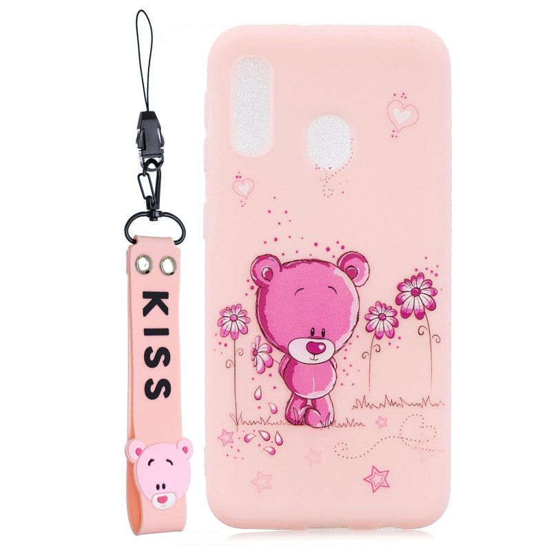 Acekool for Samsung A20E Cartoon Lovely Coloured Painted Soft TPU Back Cover Non-slip Shockproof Full Protective Case with Lanyard Light pink