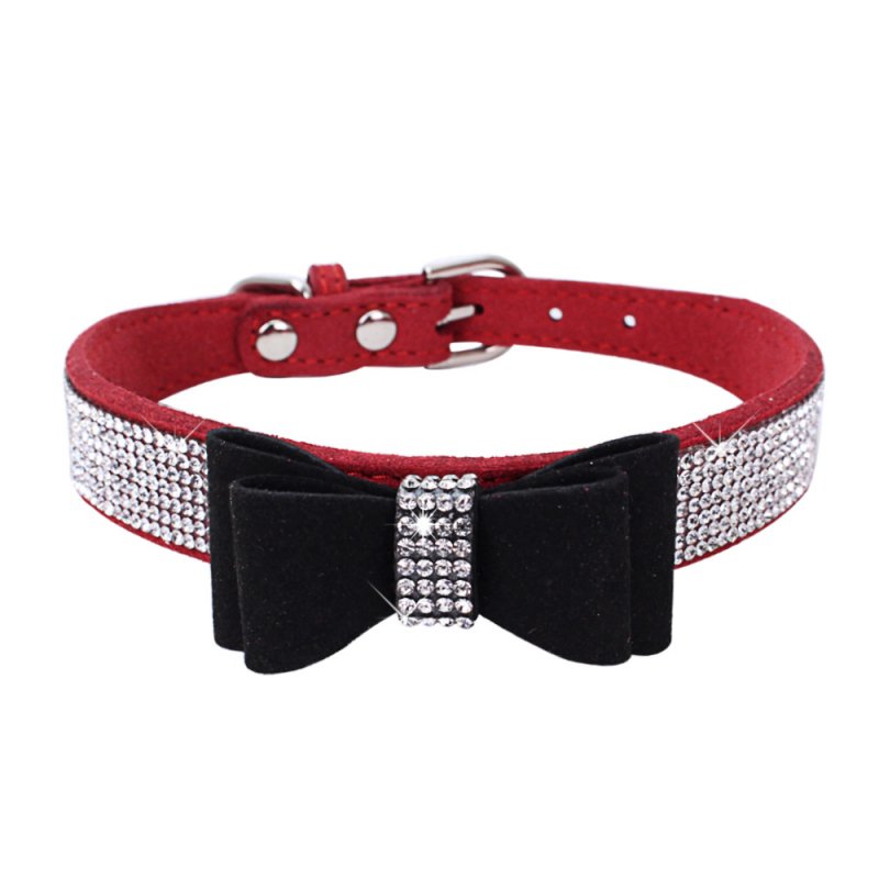 Adjustable Bling Crystal Pet Collars with Bowknot for Dogs Cats Wear Red with black butterfly_XS 30*1.5