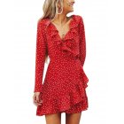 Adult Women Irregular Falbala Stars Deep V-neck Long Sleeve Chiffon Dress Flared Skirt red_XL