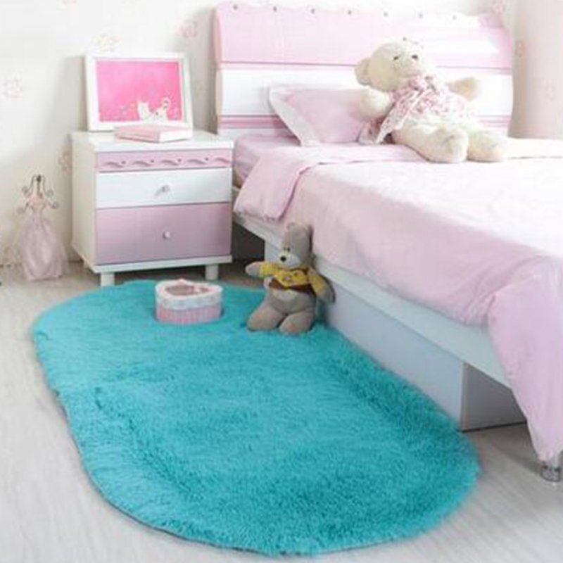 Anti-Slip Oval Shape Plush Carpet Mat for Living Room Tea Table Bedroom blue_60*90cm hair height 2.5cm