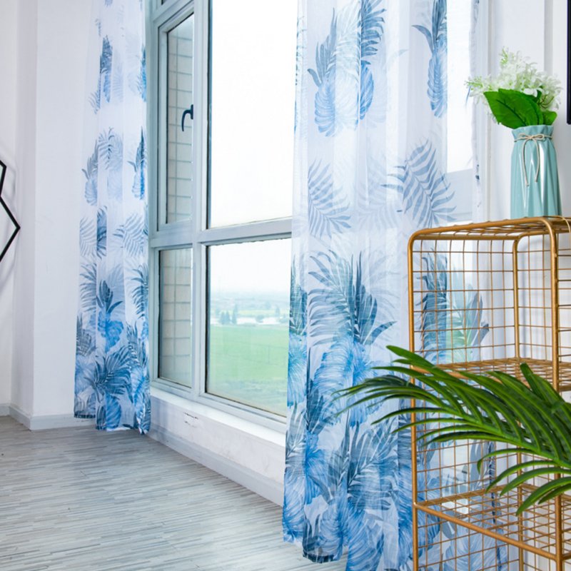 Anti-mosquito Drapes Banana Leaf Printing Tulle Curtain for Living Room Bedroom Window Decoration 100*200cm Blue_1m wide x 2m high