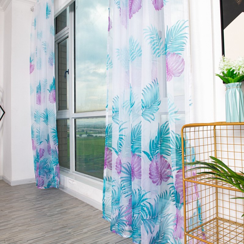 Anti-mosquito Drapes Banana Leaf Printing Tulle Curtain for Living Room Bedroom Window Decoration 100*200cm Purple_1m wide x 2m high