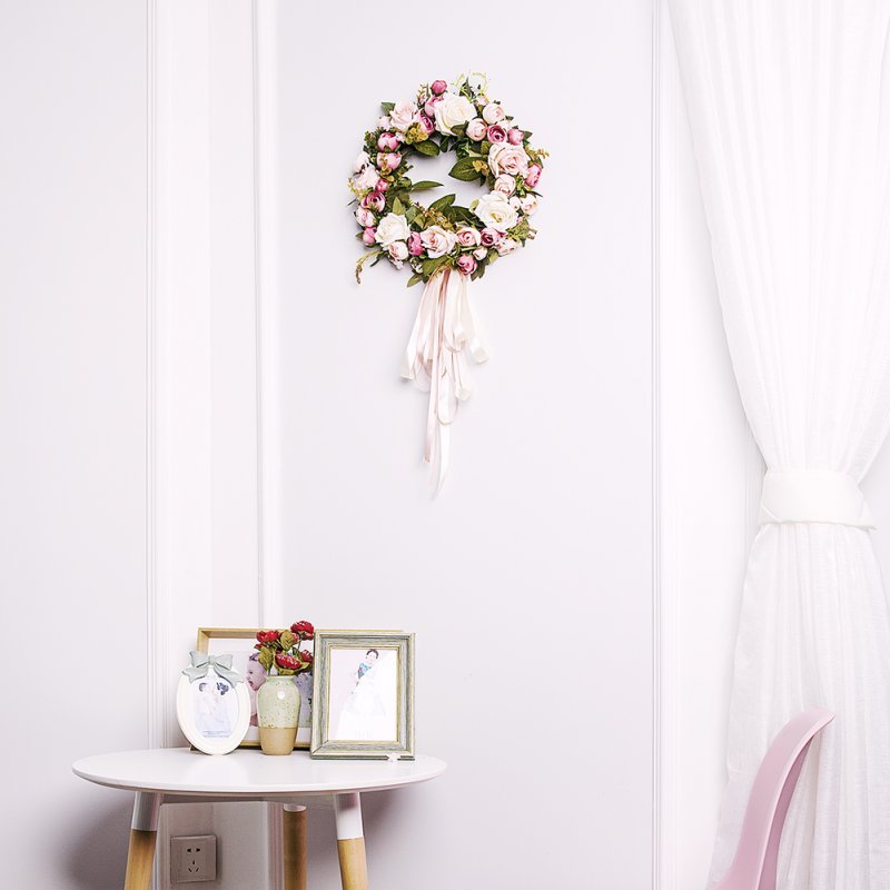 Floral Artificial Rose Wreath Door Hanging Wall Window Decoration Wreath Holiday Festival Wedding Decor (40cm)