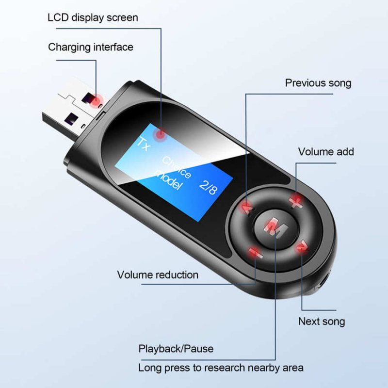Audio Adapter LCD Screen Display Bluetooth 5.0 Receiving and Transmitting 2 in 1 Hands Free Call black