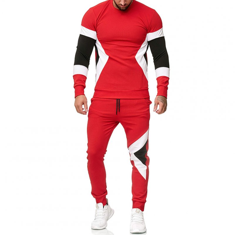 Autumn Contrast Color Sports Suits Slim Top+Drawstring Trouser for Man red_L