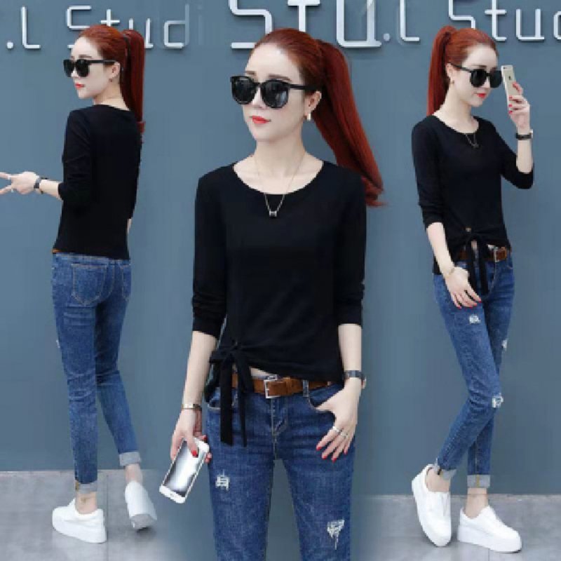 Autumn Slim Thic Fashion Korean Style Lace Long Sleeve T-shirt Female Base Shirt Black_M