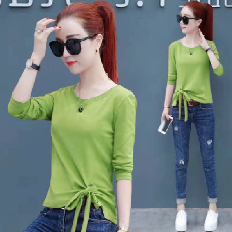 Autumn Slim Thic Fashion Korean Style Lace Long Sleeve T-shirt Female Base Shirt Avocado_M