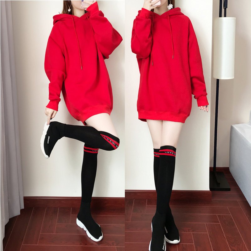 Autumn Winter Lady Middle Long Hoodie Thicken Solid Color Over Size Loose Sweatshirt red_2XL