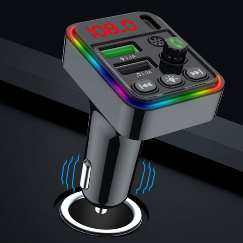 F19 Car Fm Transmitter Bluetooth-compatible Calling Stereo Music Player Type-c Charger Colorful Ambient Light 