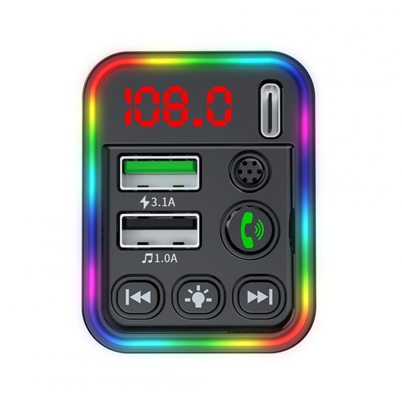 F19 Car Fm Transmitter Bluetooth-compatible Calling Stereo Music Player Type-c Charger Colorful Ambient Light 
