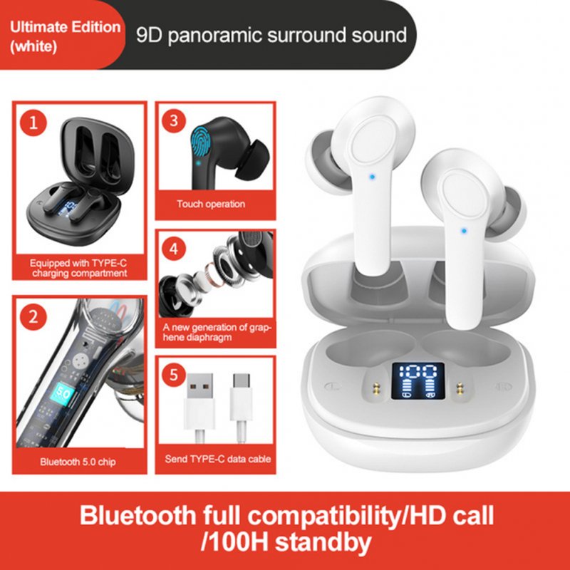 B11 Wireless  Headset Bluetooth-compatible 5.0 Strong Signal Binaural Call Stereo Sports Headphones Touch Screen Noise Canceling Earphone White