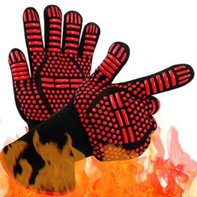 BBQ Grilling Cooking Gloves Extreme Heat Resistant Oven Welding Gloves Kitchen Tool Red ==_33CM