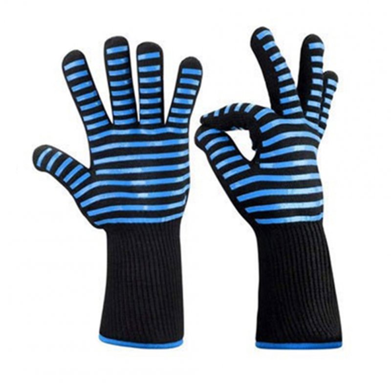 BBQ Grilling Cooking Gloves Extreme Heat Resistant Oven Welding Gloves Kitchen Tool Blue horizontal stripes_33CM