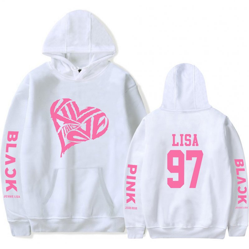 BLACKPINK 2D Pattern Printed Hoodie Leisure Pullover Top for Man and Woman White 3_4XL