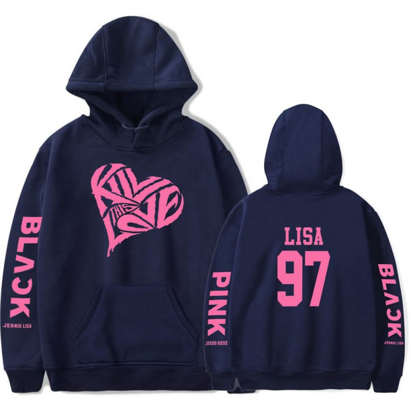 BLACKPINK 2D Pattern Printed Hoodie Leisure Pullover Top for Man and Woman Navy 3_XL