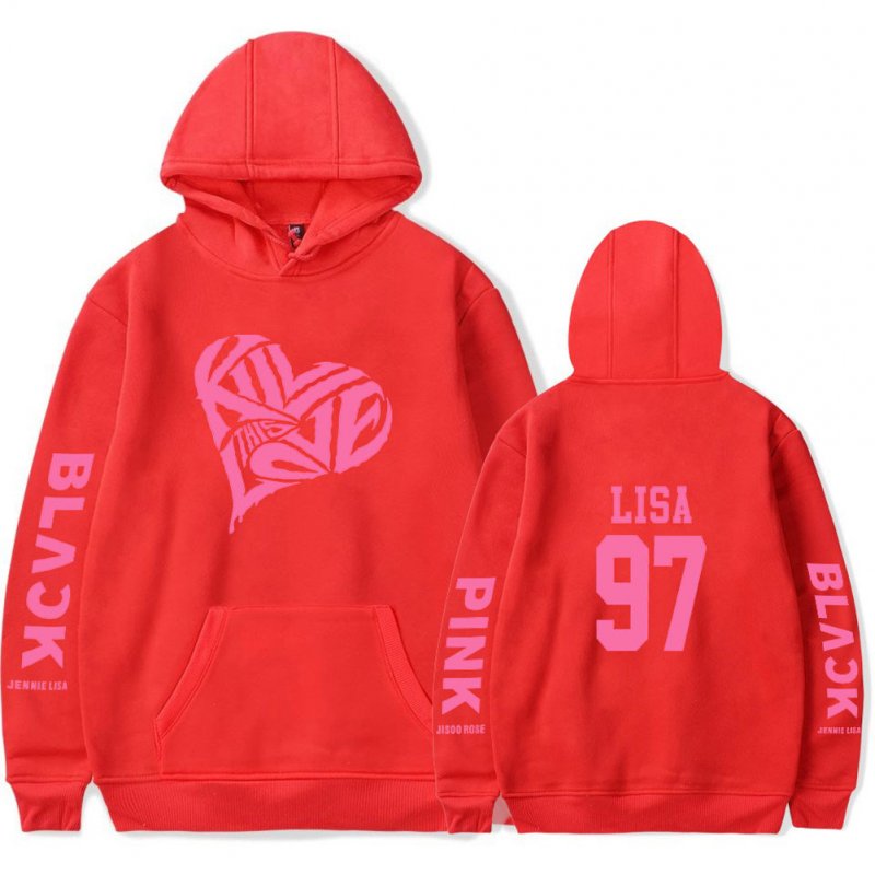 BLACKPINK 2D Pattern Printed Hoodie Leisure Pullover Top for Man and Woman Red 3_M
