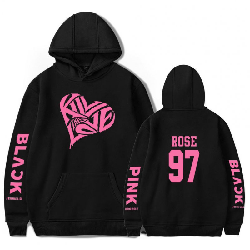 BLACKPINK 2D Pattern Printed Hoodie Leisure Pullover Top for Man and Woman Black 5_XXXXL