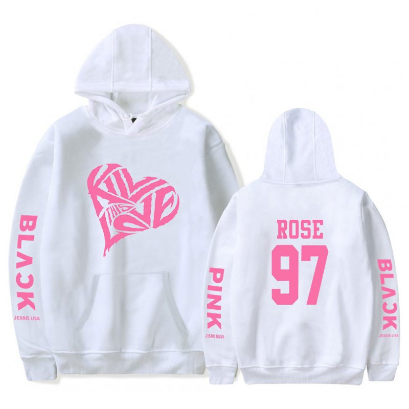 BLACKPINK 2D Pattern Printed Hoodie Leisure Pullover Top for Man and Woman White 5_XL