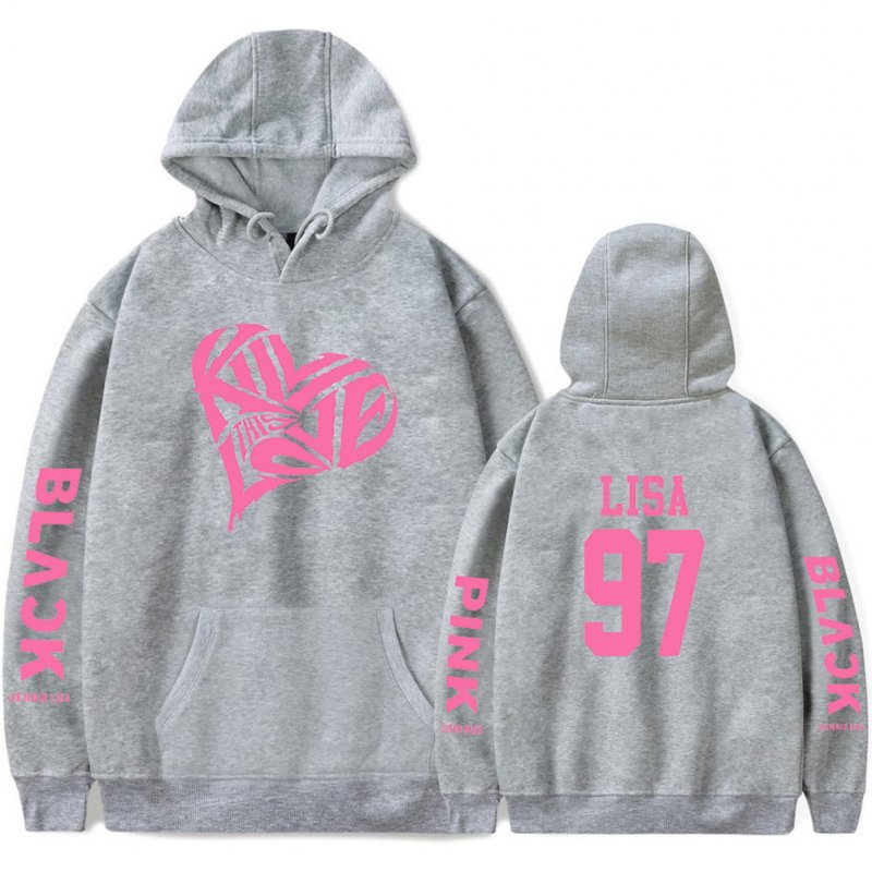 BLACKPINK 2D Pattern Printed Hoodie Leisure Pullover Top for Man and Woman Gray 3_M