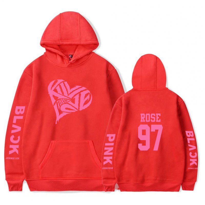 BLACKPINK 2D Pattern Printed Hoodie Leisure Pullover Top for Man and Woman Red 5_XXL