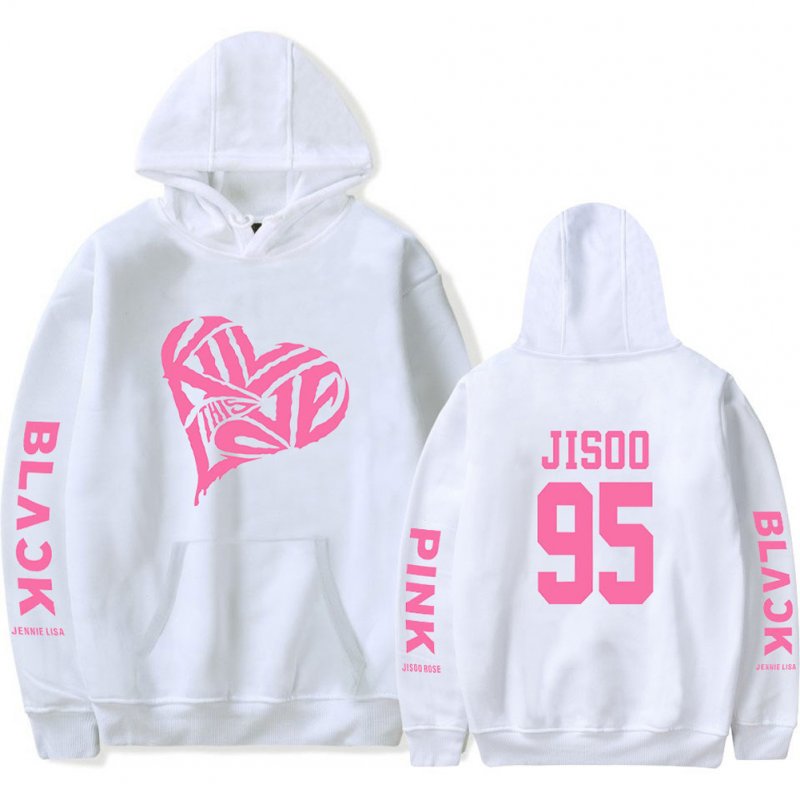 BLACKPINK 2D Pattern Printed Hoodie Leisure Pullover Top for Man and Woman White_M