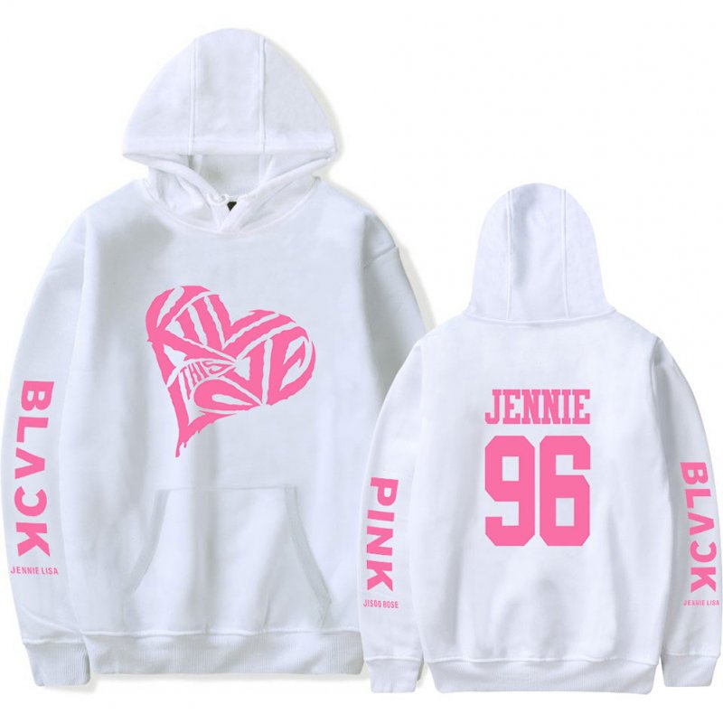 BLACKPINK 2D Pattern Printed Hoodie Leisure Pullover Top for Man and Woman White 2_2XL