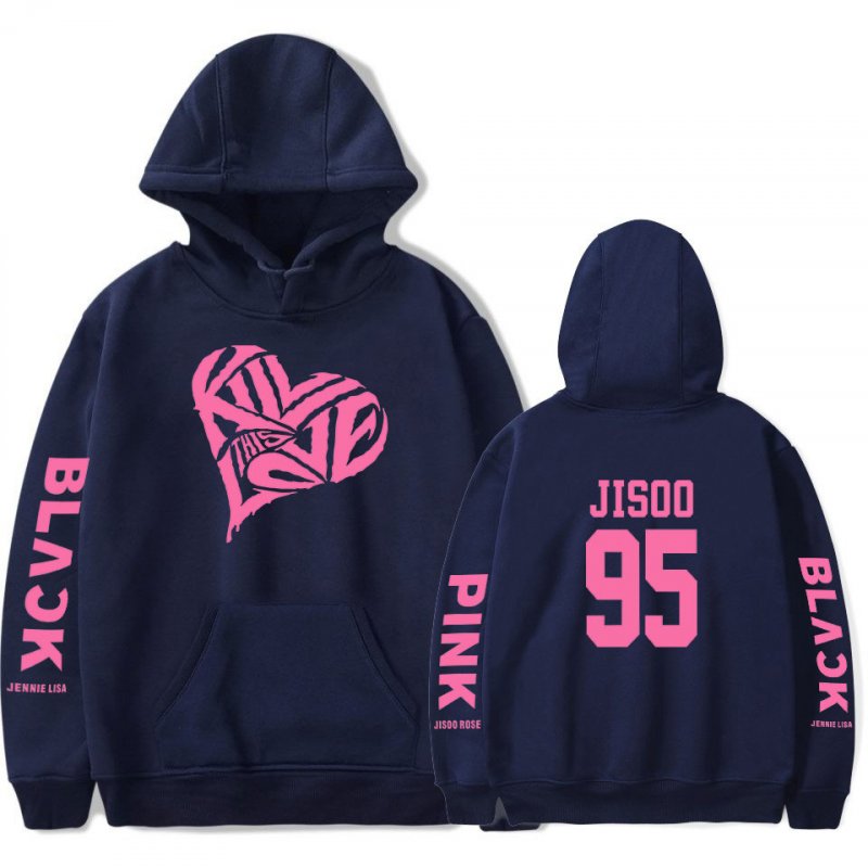 BLACKPINK 2D Pattern Printed Hoodie Leisure Pullover Top for Man and Woman Navy_L