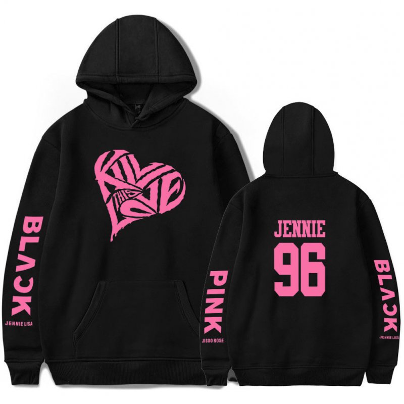 BLACKPINK 2D Pattern Printed Hoodie Leisure Pullover Top for Man and Woman Black 2_2XL