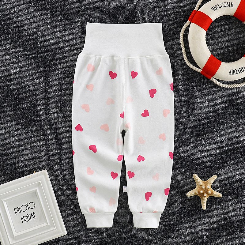 Baby Boys Girls Cotton Pants Cartoon Printing High Waist Belly Protecting Trousers For 1-3 Years Old Kids red heart-shape 6-12months M
