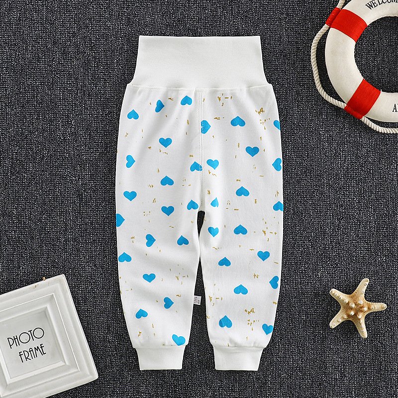 Baby Boys Girls Cotton Pants Cartoon Printing High Waist Belly Protecting Trousers For 1-3 Years Old Kids blue heart-shape 24-36months 2XL