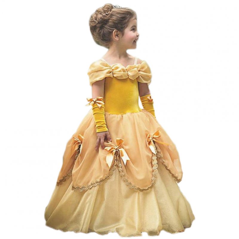 Baby Girl Stylish Pretty Tutu Princess Dress Halloween Christmas Performance Dress with Gloves yellow_140cm