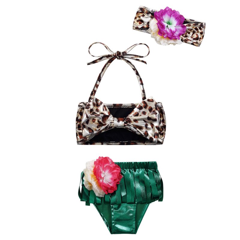 Baby Girls 3PCS Swimsuit Leopard Print Bikini Top Tassel Shorts Set + Headband